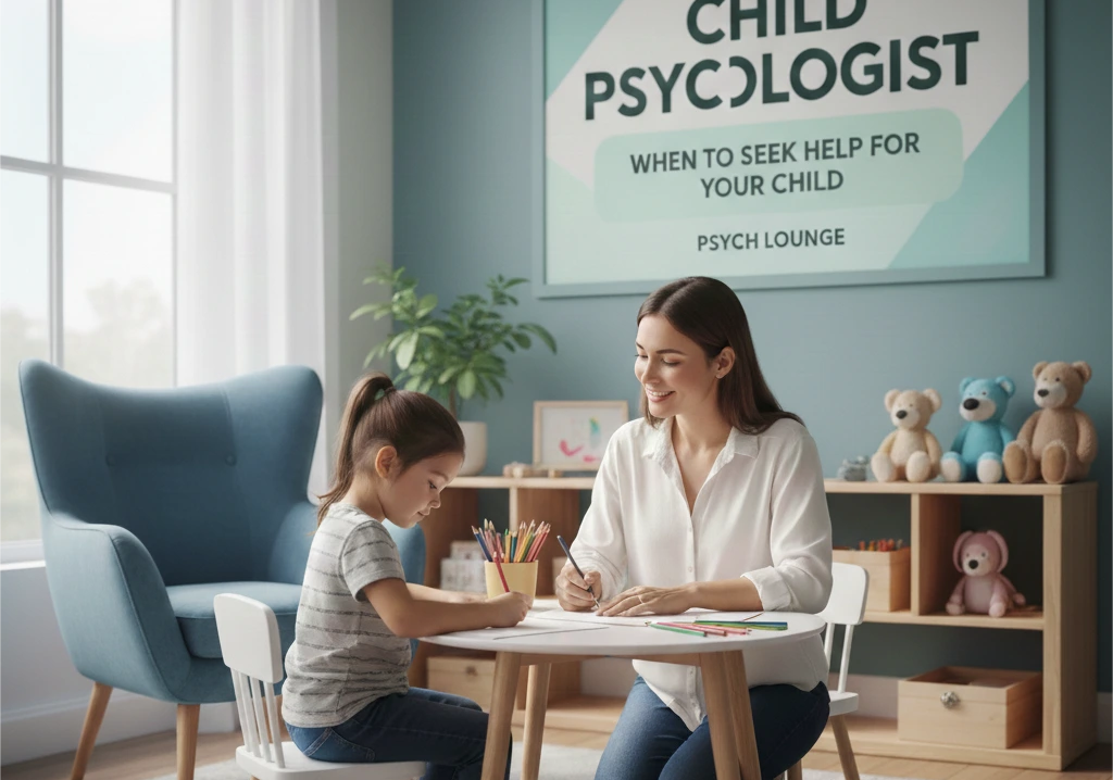 Child psychologist sitting with a young child at a table, using drawing activities in a calm, child-friendly therapy room.