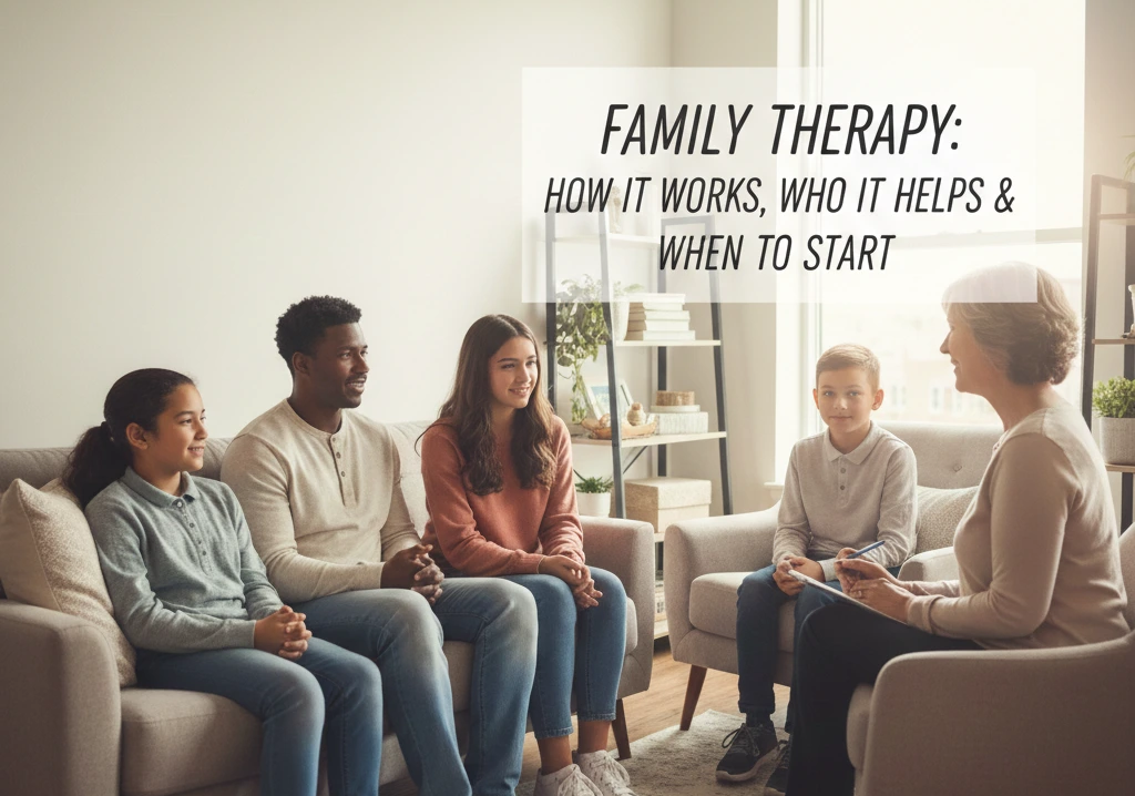 A family sitting together in a living room during a family therapy session with a licensed therapist.