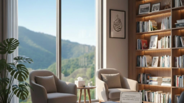 Two armchairs by large windows with bookshelves and a mountain view