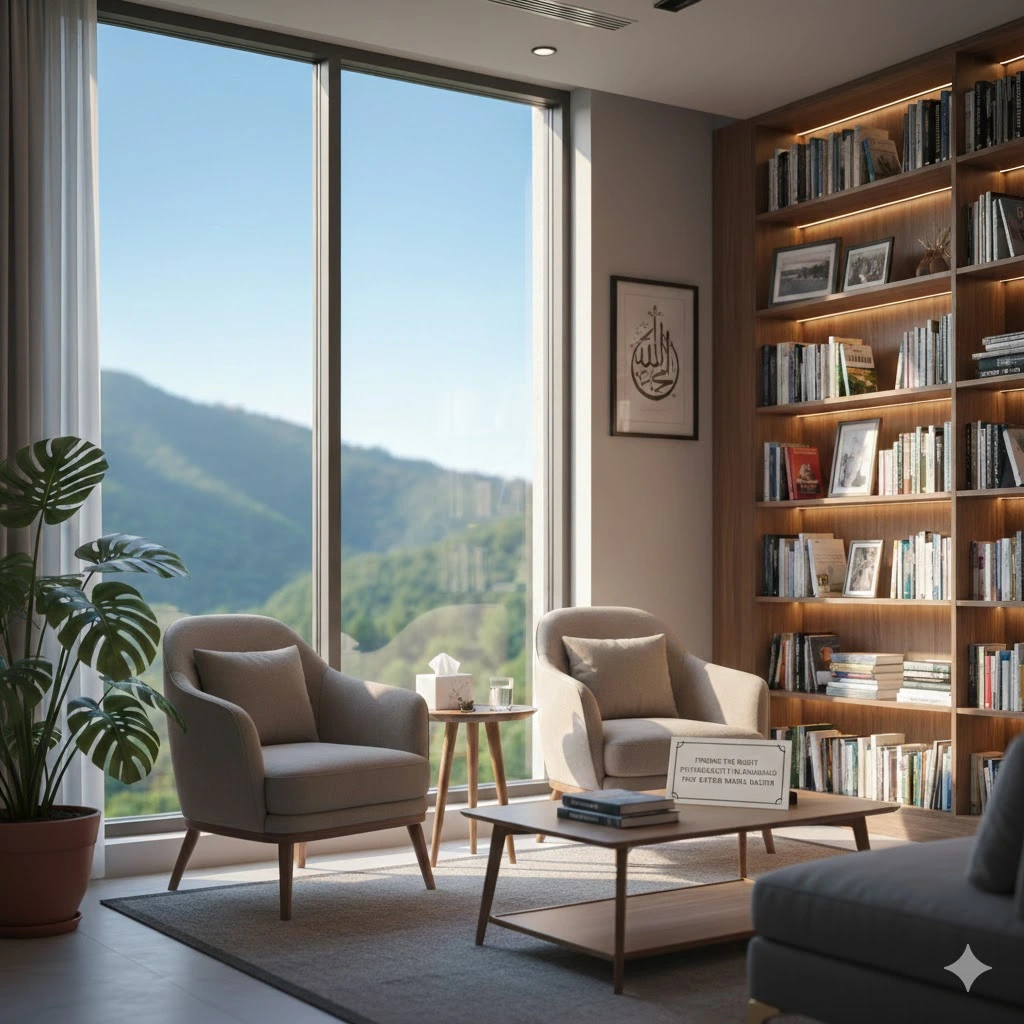 Two armchairs by large windows with bookshelves and a mountain view
