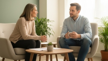 Two people talking in a calm room at mental health clinics.