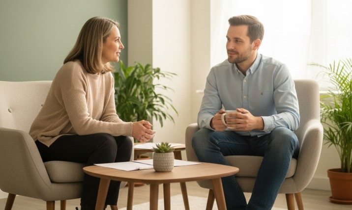 Two people talking in a calm room at mental health clinics.