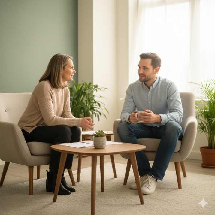 Two people talking in a calm room at mental health clinics.