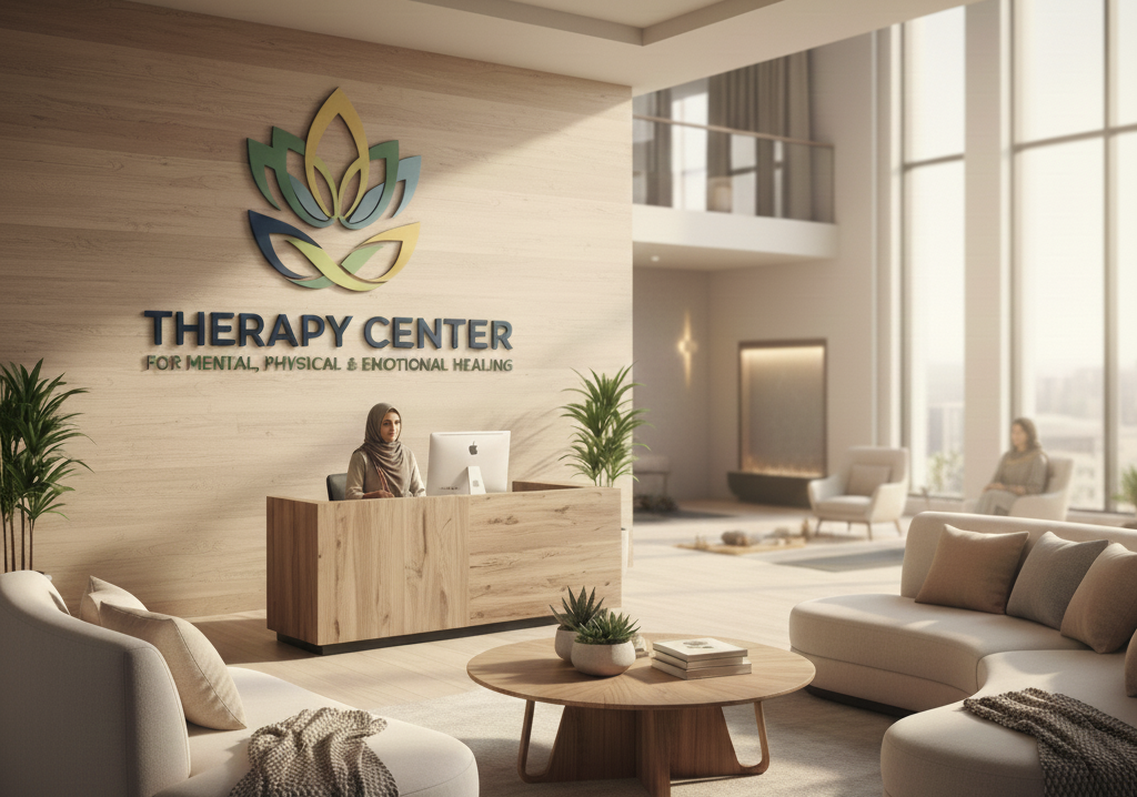 Calm and welcoming Therapy Center reception with natural wood design and comfortable seating.