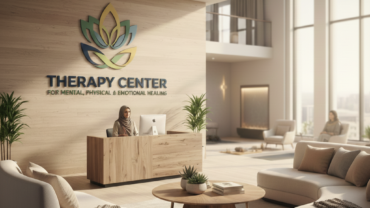 Calm and welcoming Therapy Center reception with natural wood design and comfortable seating.