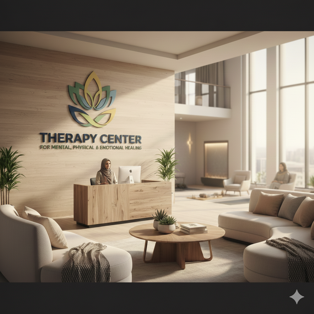 Calm and welcoming Therapy Center reception with natural wood design and comfortable seating.