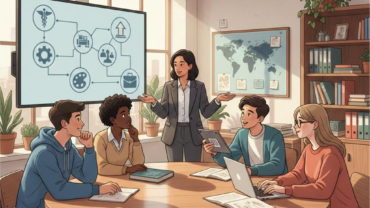 Career counselling for students with a counsellor explaining career paths while students take notes and use laptops and books.