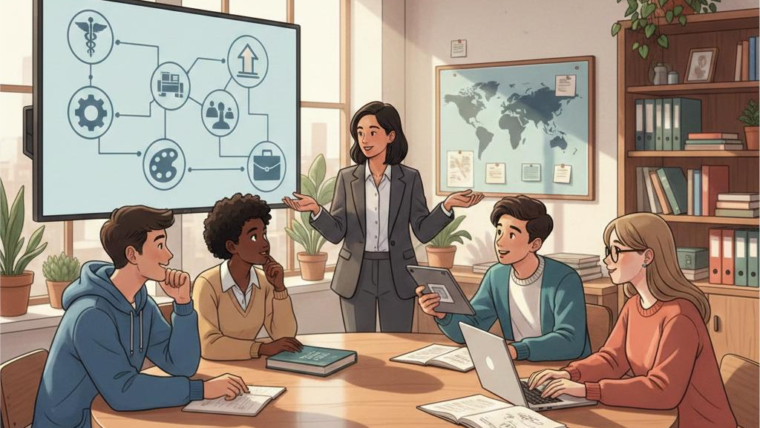 Career counselling for students with a counsellor explaining career paths while students take notes and use laptops and books.