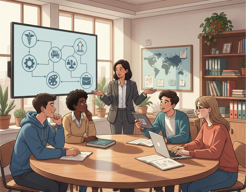 Career counselling for students with a counsellor explaining career paths while students take notes and use laptops and books.