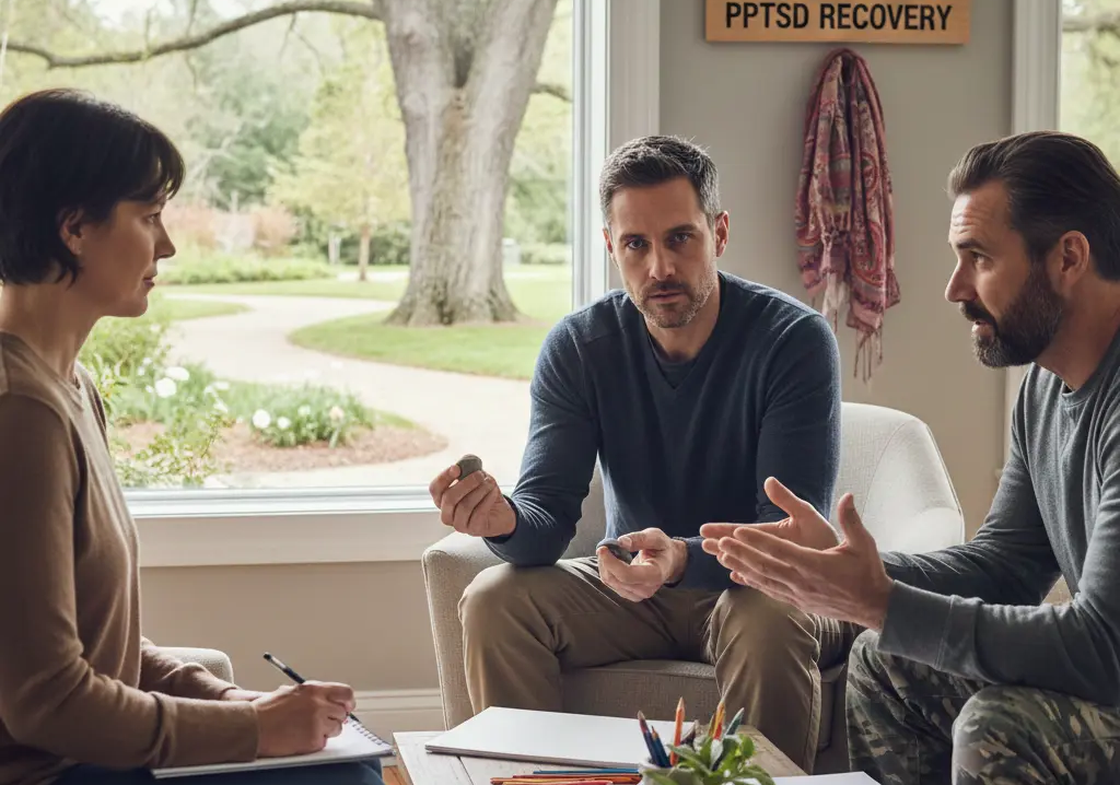 PTSD treatment session with therapist and individuals in counseling.