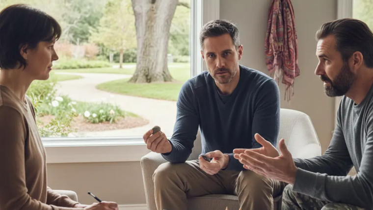 PTSD treatment session with therapist and individuals in counseling.