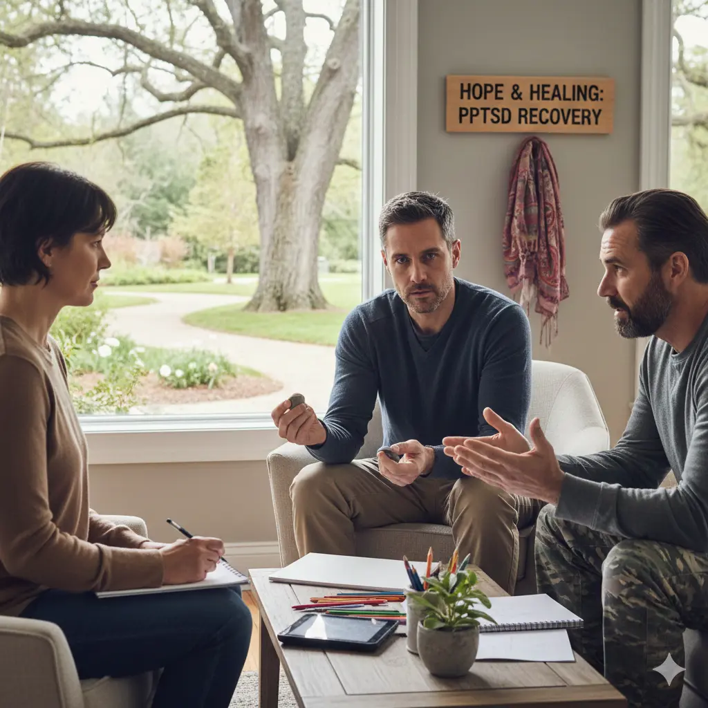 PTSD treatment session with therapist and individuals in counseling.