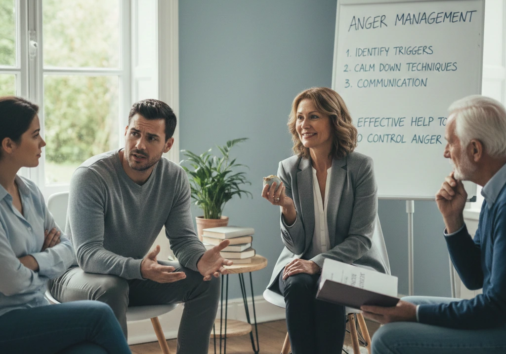 Group anger management therapy session with a licensed therapist teaching emotional regulation and communication techniques