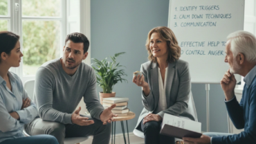 Group anger management therapy session with a licensed therapist teaching emotional regulation and communication techniques