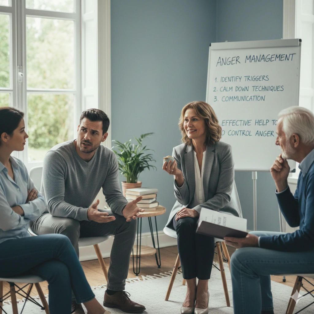Group anger management therapy session with a licensed therapist teaching emotional regulation and communication techniques