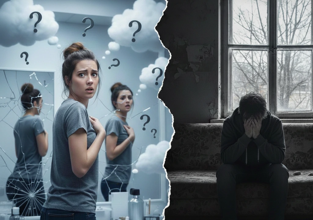 Split image showing anxiety as racing thoughts and depression as deep sadness and withdrawal