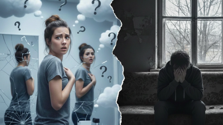 Split image showing anxiety as racing thoughts and depression as deep sadness and withdrawal