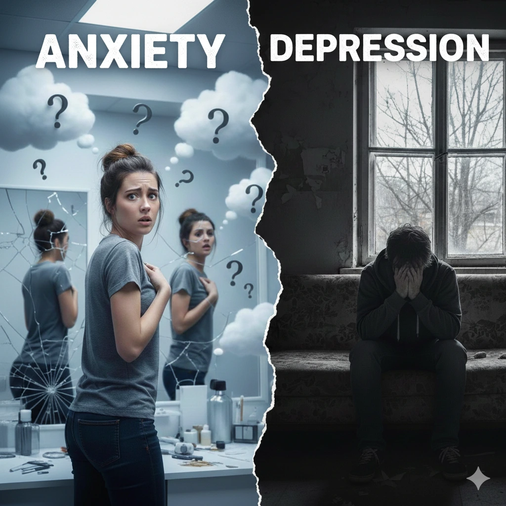 Split image showing anxiety as racing thoughts and depression as deep sadness and withdrawal