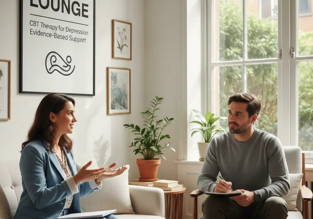 Therapist and client talking in a bright counseling room.
