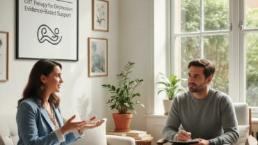 Therapist and client talking in a bright counseling room.
