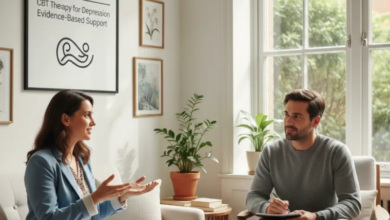 Therapist and client talking in a bright counseling room.