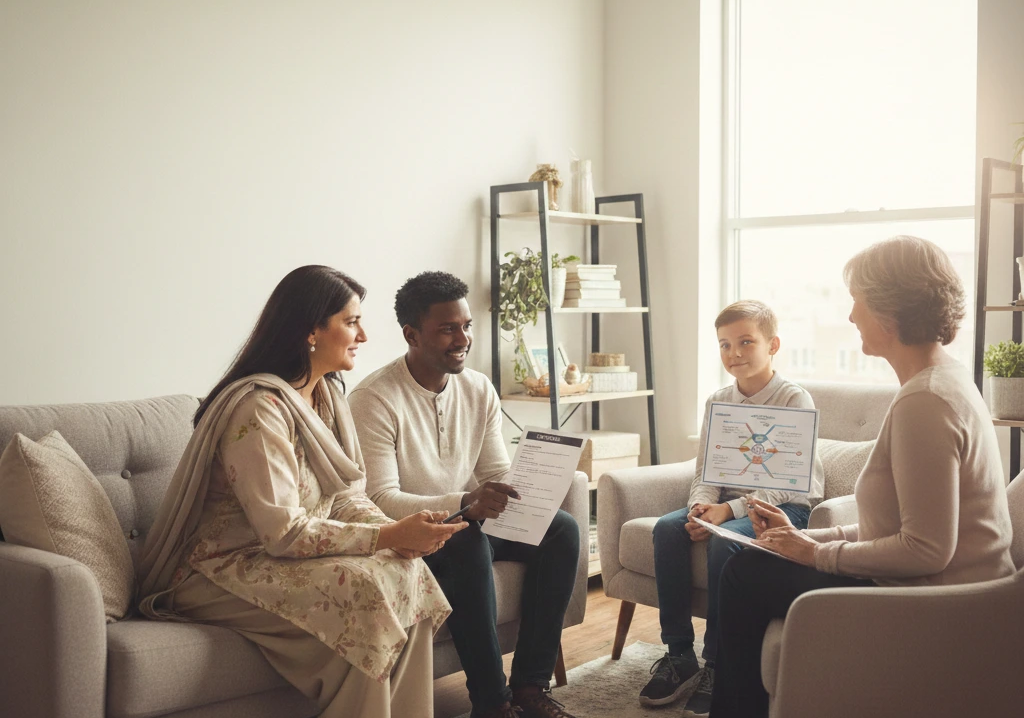 Four people sitting and talking in an office with a counselor, discussing career paths