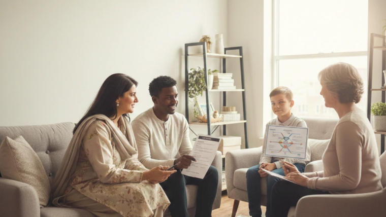 Four people sitting and talking in an office with a counselor, discussing career paths