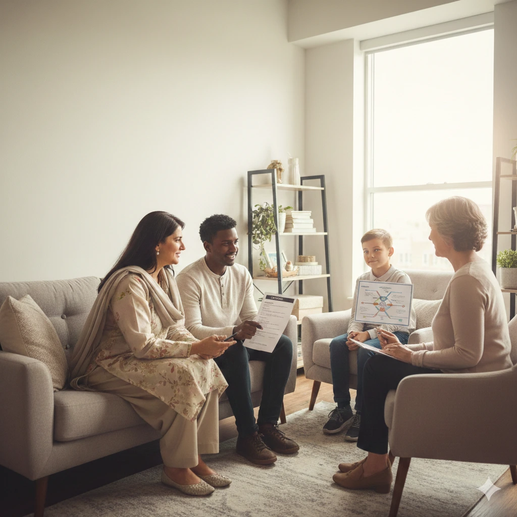 Four people sitting and talking in an office with a counselor, discussing career paths