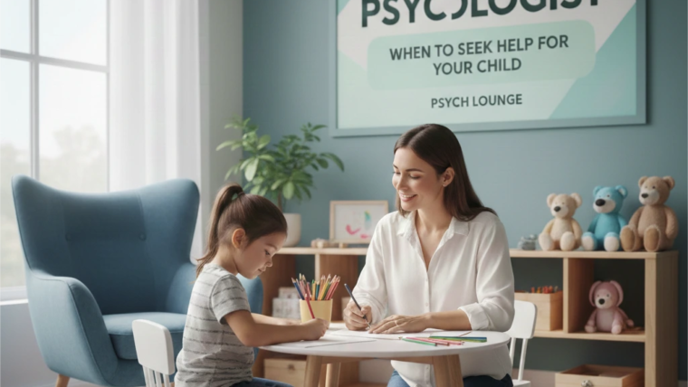 Child psychologist sitting with a young child at a table, using drawing activities in a calm, child-friendly therapy room.