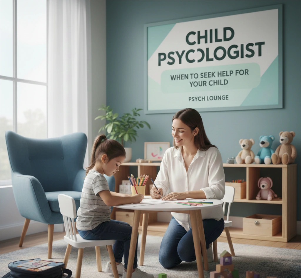 Child psychologist sitting with a young child at a table, using drawing activities in a calm, child-friendly therapy room.
