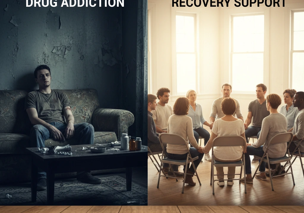 Split image showing drug addiction on one side and group recovery support on the other.