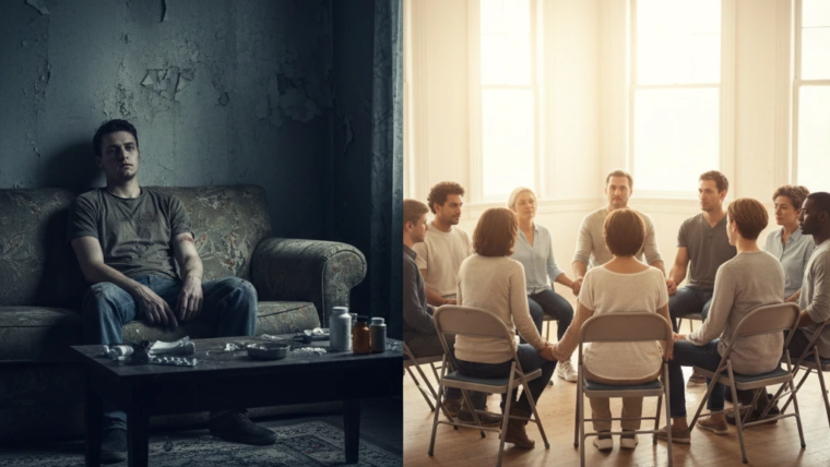 Split image showing drug addiction on one side and group recovery support on the other.