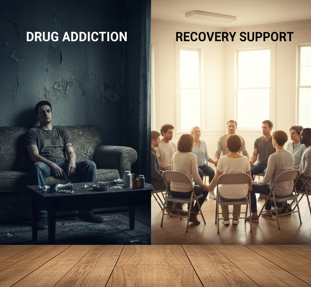 Split image showing drug addiction on one side and group recovery support on the other.