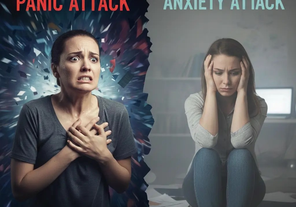 Illustration showing panic attack vs anxiety attack, with sudden intense fear on one side and ongoing stress and worry on the other.