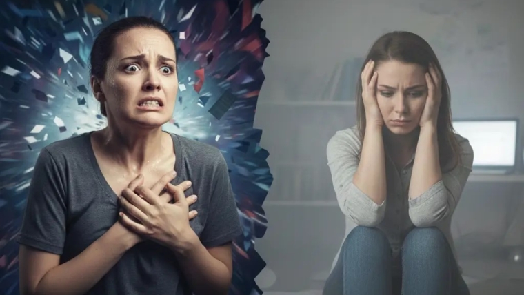 Illustration showing panic attack vs anxiety attack, with sudden intense fear on one side and ongoing stress and worry on the other.