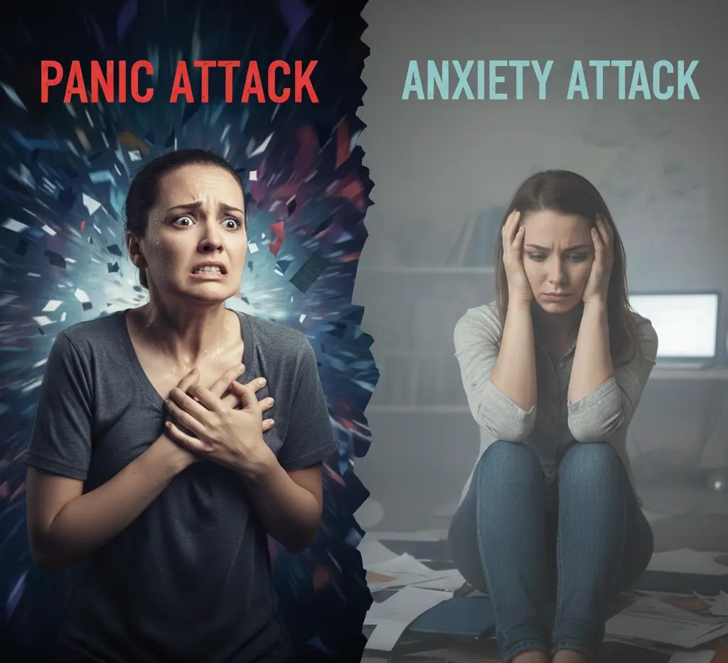 Illustration showing panic attack vs anxiety attack, with sudden intense fear on one side and ongoing stress and worry on the other.