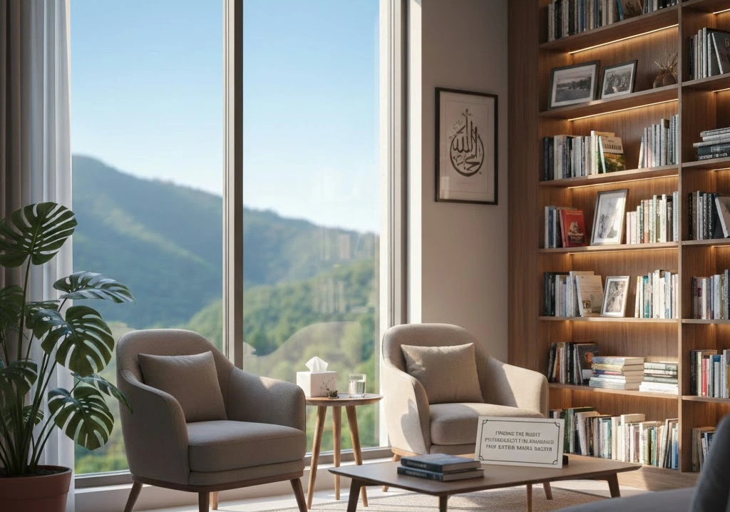 Two armchairs by large windows with bookshelves and a mountain view