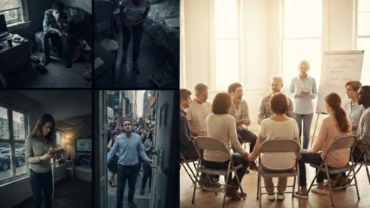 Image showing different daily-life anxiety experiences contrasted with a group therapy session.