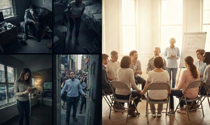 Image showing different daily-life anxiety experiences contrasted with a group therapy session.