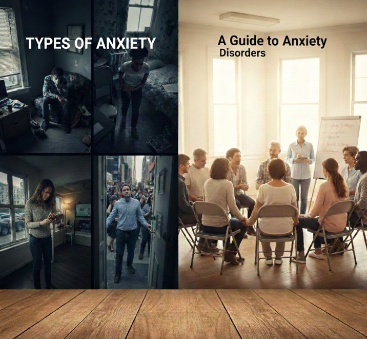 Image showing different daily-life anxiety experiences contrasted with a group therapy session.